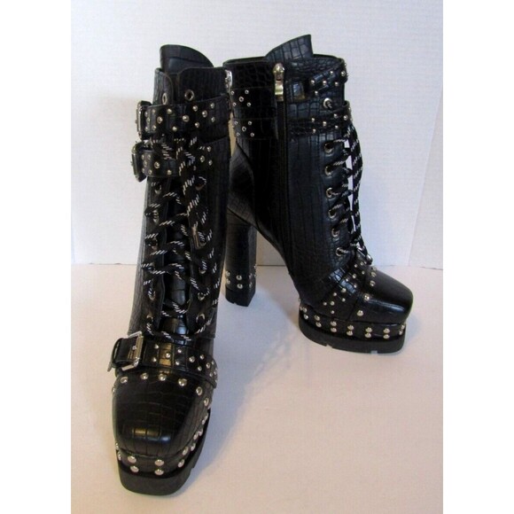Azalea Wang Dolls Kill Ankle Boots NWOB Black Vegan Crocodile Heels Studded 8.5 - Picture 4 of 10
